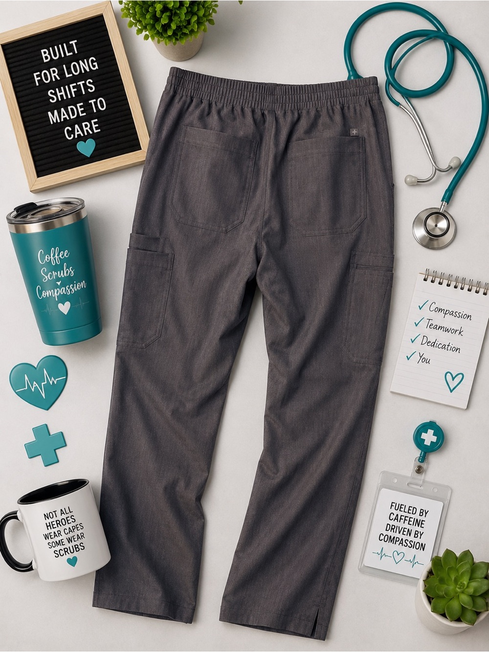 Figs Women’s Gray Scrub Jogger Pants with Teal Drawstring- Yola Skinny scrub - Picture 3 of 3